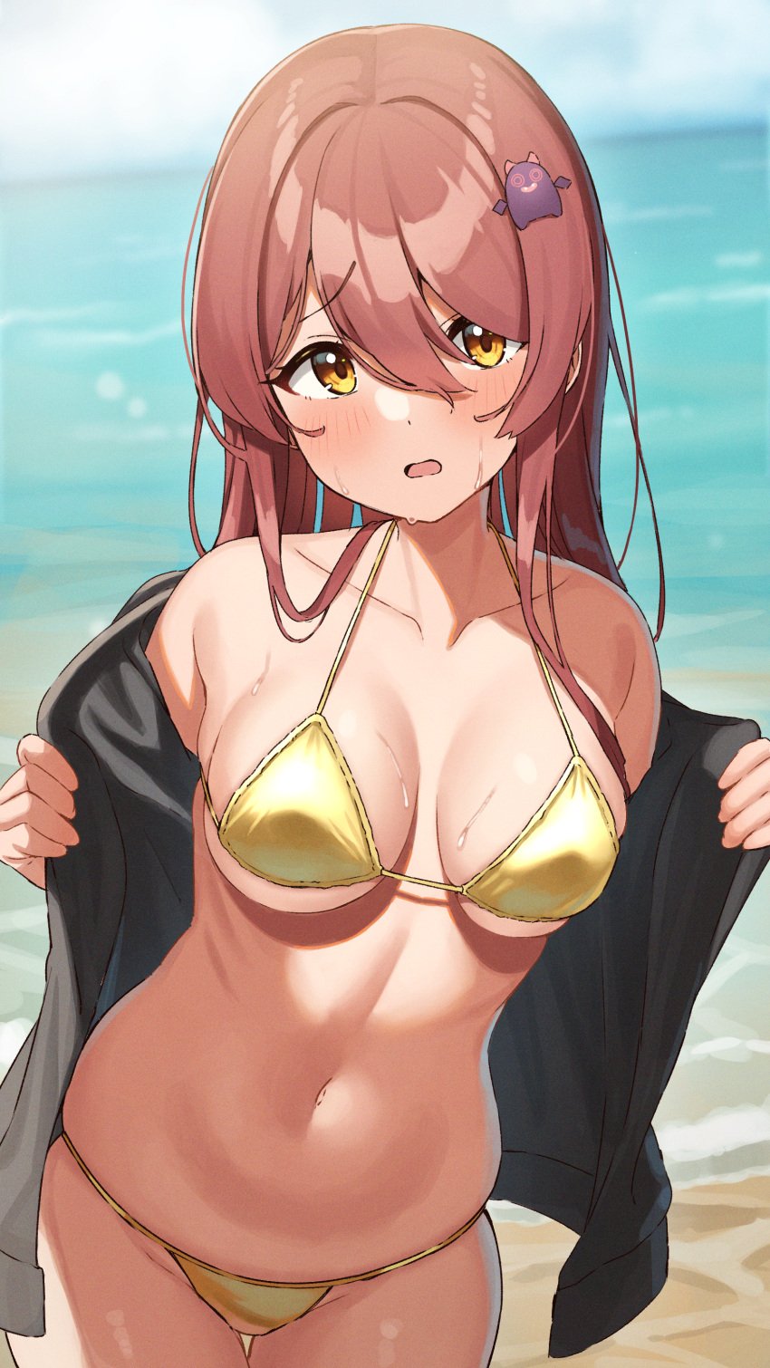 absurdres bangs bare_shoulders bikini blush breasts character_hair_ornament cloud cloudy_sky collarbone cowboy_shot day debi_tarou dot_nose eyebrows_visible_through_hair female golden_bikini hair_between_eyes hair_ornament highres horizon idolmaster idolmaster_shiny_colors leaning_to_the_side long_hair looking_at_viewer navel ocean open_clothes open_mouth osaki_tenka outdoors raised_eyebrow shiny shiny_hair skindentation sky solo string_bikini swimsuit thigh_gap underboob wanimaru water wet yellow_bikini yellow_eyes