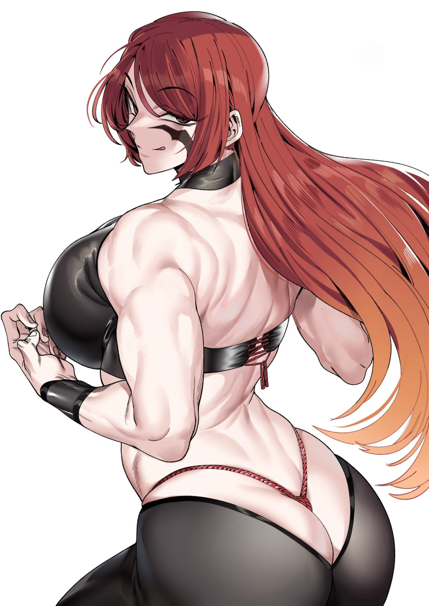 1girls ass ass_cleavage big_ass big_breasts breasts butt_crack curvaceous curvy fuma_kotaro_(tenkaichi) hi_res hips kunoichi long_hair looking_at_viewer matching_hair/eyes muscles muscular muscular_female red_eyes red_hair simple_background tenkaichi_nihon_saikyou_bugeisha_ketteisen thick_thighs thighs urec whale_tail white_background wide_hips