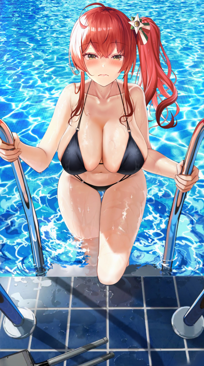 1girls azur_lane bangs bare_shoulders bikini black_bikini black_swimsuit breasts clavicle cleavage clothing curvaceous curvy_female eyebrows_visible_through_hair female fingernails getting_out_of_pool hair_between_eyes hair_ornament headdress hi_res huge_breasts jewelry light-skinned light-skinned_female lips long_hair looking_at_viewer navel partially_submerged pink_lips pink_nails pool pool_ladder poolside purple_eyes qibu_yuren_jiu qibuyurenjiu red_eyes red_hair shiny_skin side_ponytail swimsuit thighs tied_hair toes voluptuous water wet wet_body wet_clothes wet_swimsuit yellow_eyes zara_(azur_lane)