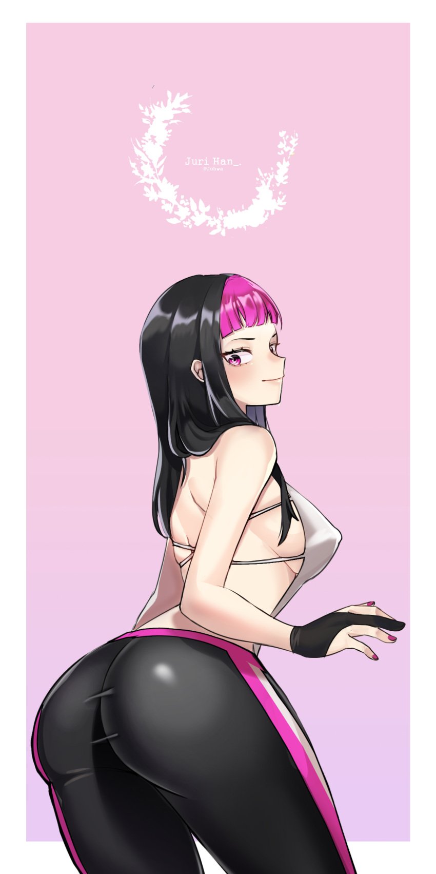 1girls admiring_self artist_name ass bangs black_hair blunt_bangs blush border breasts capcom character_name clothed curvy dat_ass english_text female female_only gloves gradient_background highres huge_ass human johwa juri_han large_breasts leggings long_hair looking_back nail_polish nipple_bulge pink_background pink_eyes pink_hair pink_nails sideboob simple_background smile solo street_fighter street_fighter_v text thick_thighs tight_clothes two_tone_hair white_border yoga_pants