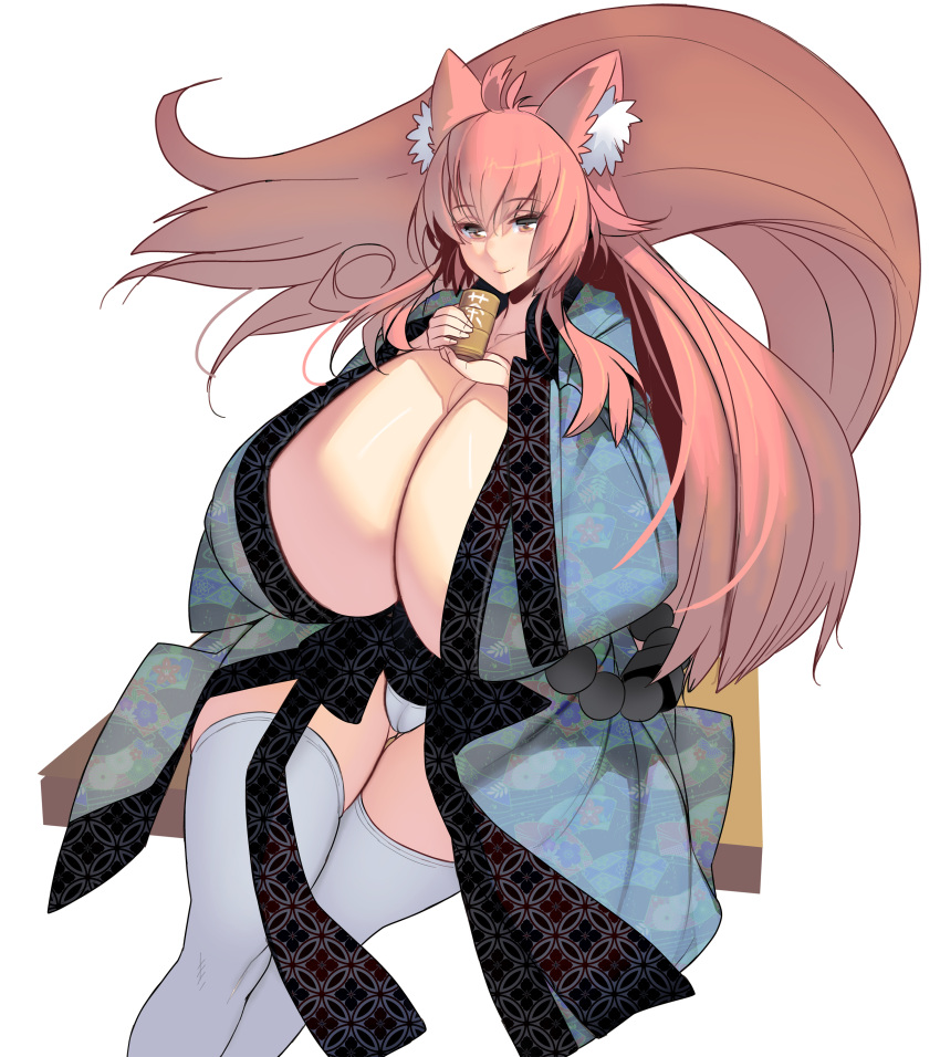 animal_ears big_breasts cleavage female female_only gigantic_breasts huge_breasts inner_ear_fluff japanese_clothes kemonomimi kimono kitsune long_hair looking_at_viewer masao no_bra open_kimono original panties pink_hair sitting smile solo tail thighhighs very_long_hair white_legwear white_panties white_thighhighs