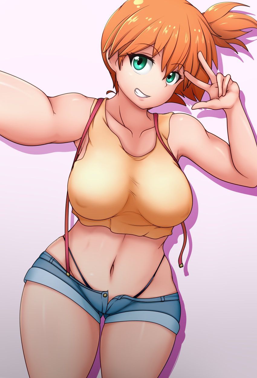 alternate_breast_size armpits asymmetrical_hair blue_shorts breasts clothing cucarachaaa denim denim_shorts female female_focus female_only footwear game_freak gen_1_pokemon green_eyes high_resolution huge_breasts kasumi_(pokemon) large_breasts legs misty_(pokemon) navel nintendo orange_hair pokemon pokemon_(anime) pokemon_(classic_anime) pokemon_rgby ponytail shirt shoes short_hair short_shorts shorts side_ponytail smile solo solo_female suspender_shorts suspenders tank_top thick_thighs thighs thong tied_hair tomboy very_high_resolution yellow_shirt