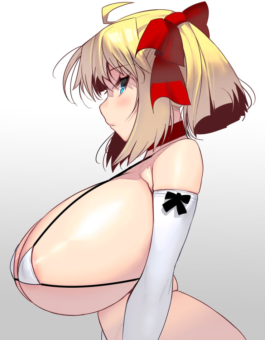 ahoge big_breasts bikini blonde_hair blue_eyes choker elbow_gloves female female_only gloves hair_ribbon hairbow huge_breasts looking_at_viewer masao micro_bikini original profile short_hair sideboob solo tied_hair upper_body white_bikini white_gloves