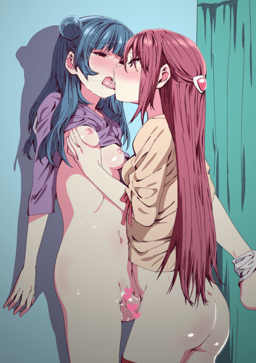 1futa 1girls absurdres against_wall ass blue_hair bottomless breast_grab breasts censored censored_penis closed_eyes clothed clothing duo duo_focus ecoman eyebrows_visible_through_hair female french_kiss futa_on_female futa_with_female futanari grabbing hair_ornament heart heart_censor highres kissing light-skinned_female light-skinned_futanari light_skin long_hair love_live! love_live!_sunshine!! medium_breasts medium_hair mostly_clothed multiple_girls nipples pale_skin partially_clothed penis pussy red_hair sakurauchi_riko sex standing standing_sex tongue tongue_out tsushima_yoshiko vaginal_penetration