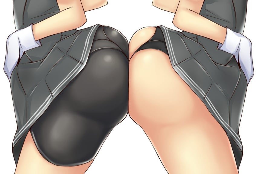 2girls ass ass-to-ass ass_press bike_shorts black_panties black_shorts black_skirt black_vest clothes_lift female female_only gloves head_out_of_frame kantai_collection kuroshio_(kantai_collection) multiple_girls oyashio_(kantai_collection) panties pleated_skirt school_uniform shorts shorts_under_skirt simple_background skirt skirt_lift terakoya thong underwear vest white_background white_gloves