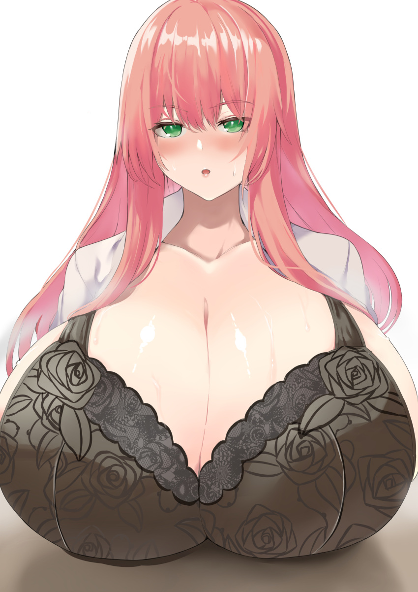 1girls bra breast_rest breasts cleavage cup-chan female female_focus gigantic_breasts green_eyes huge_breasts kodama_amagi_(cup-chan) lingerie long_hair looking_at_viewer open_shirt pink_hair simple_background solo solo_female top_heavy upper_body white_background