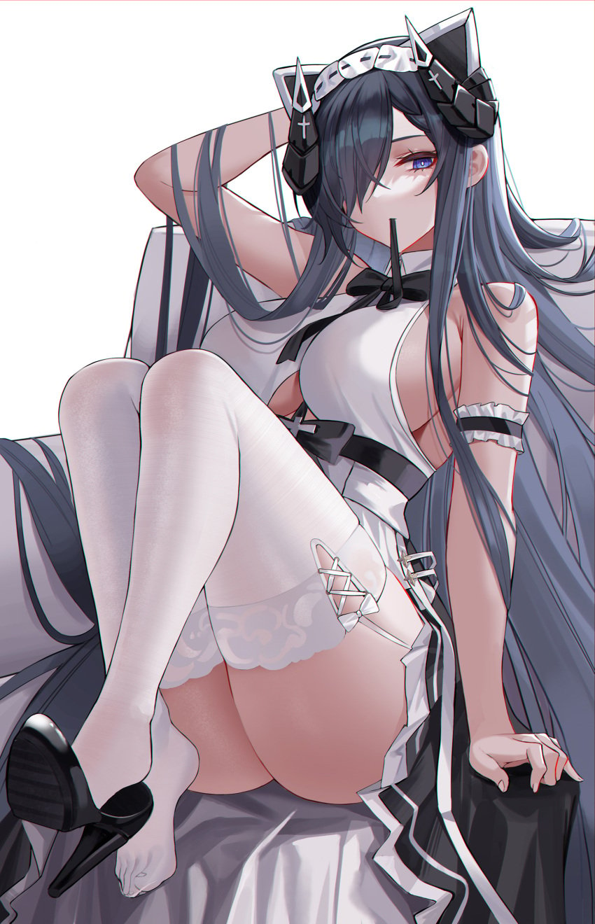 1girls absurdres animal_ears arm_behind_head arm_garter arm_up august_von_parseval_(azur_lane) azur_lane bangs bare_arms bare_shoulders black_bow black_bowtie black_footwear black_hair black_skirt bow bowtie breasts collared_shirt eternity_(shadeh) feet female female_only full_body hair_over_one_eye high_heels highres knees_up large_breasts long_hair looking_at_viewer mouth_hold purple_eyes revision ribbon ribbon_in_mouth shirt shoe_dangle shoes sideboob sitting skirt sleeveless sleeveless_shirt solo thighhighs very_long_hair white_background white_legwear white_shirt