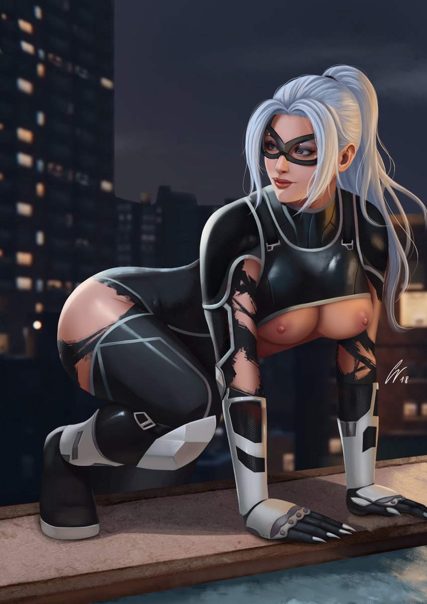 1girls black_cat_(marvel) bodysuit breasts breasts_out carlosvasseur costume crouch crouching felicia_hardy female female_only female_solo geravass goggles marvel mask rooftop silver_hair solo solo_female spider-man_(ps4) superheroine thief tight_clothing white_hair