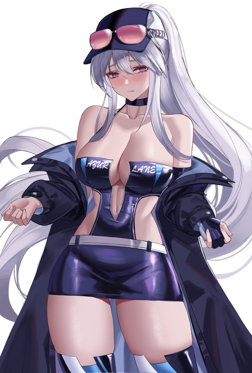 1girls absurdres azur_lane bangs baseball_cap blush breasts choker cleavage closed_mouth enterprise_(azur_lane) enterprise_(wind_catcher)_(azur_lane) eternity_(shadeh) eyewear_on_head female female_only gloves hair_between_eyes highres jacket large_breasts leotard long_hair long_sleeves looking_at_viewer navel off_shoulder official_alternate_costume open_jacket ponytail puffy_sleeves purple_eyes purple_gloves purple_leotard silver_hair skirt solo standing sunglasses sunglasses_on_head thighhighs unzipped very_long_hair