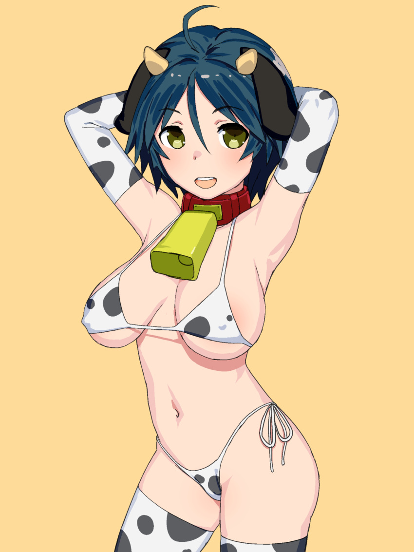 2021 animal_ears animal_print armpits arms_behind_head arms_up bare_shoulders bell bikini blue_hair blush breasts breasts_apart chinese_zodiac collar covered_nipples cow_ears cow_girl cow_horns cow_print cow_tail cowbell elbow_gloves female female gloves high_school_fleet highres hiraga_tomoko horns large_breasts looking_at_viewer micro_bikini navel neck_bell onsen_tamago_(hs_egg) print_bikini print_gloves short_hair simple_background smile solo swimsuit tail teeth upper_teeth year_of_the_ox yellow_background yellow_eyes