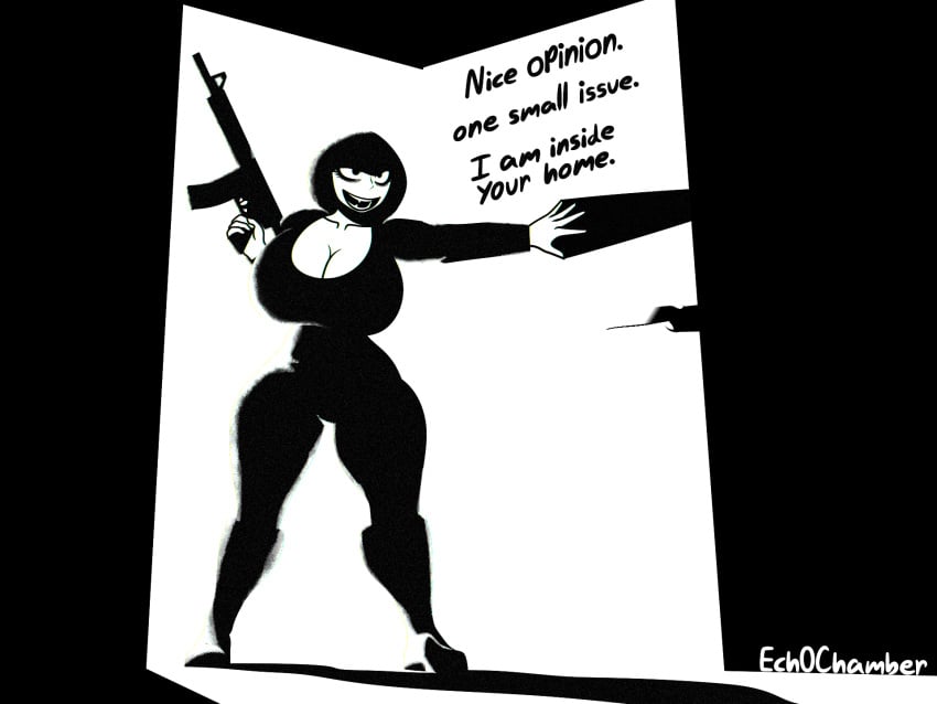 1girls 2022 5_fingers analog_horror armed artist_name big_breasts black_and_white cleavage dialogue ech0chamber english_text female female_only full_body gun holding_gun holding_weapon horror huge_breasts intruder_(mandela_catalogue) mandela_catalogue meme monochrome nightmare_fuel nightmare_waifu open_mouth ranged_weapon rifle rule_63 sharp_teeth signature smiling solo taller_female text thick_ass watermark weapon wide_hips