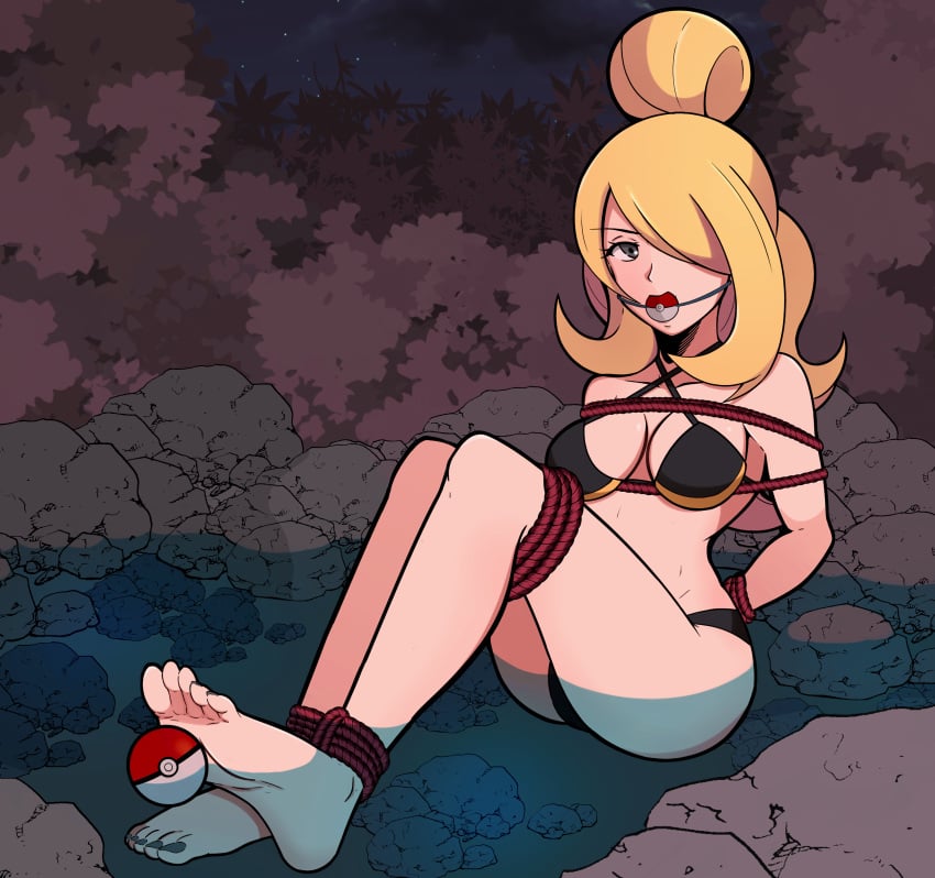 1girls alternate_costume alternate_hairstyle arms_tied_behind_back ball_gag barefoot black_nails blonde_hair blue_eyes bondage bound bound_ankles bound_legs bound_wrists breasts cleavage cynthia_(pokemon) feet female gag gagged hair_over_one_eye looking_at_viewer nail_polish poke_ball_gag pokeball pokemon pokemon_character pokemon_dppt pokemon_masters reati1 restrained rope rope_bondage sygna_suit_cynthia tied_up toes