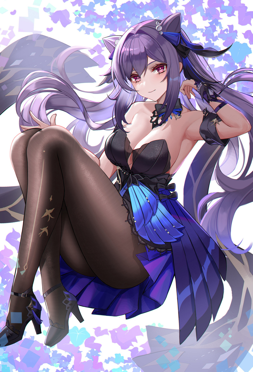 1girls armpits bangs bare_shoulders black_footwear breasts brown_legwear cleavage closed_mouth crossed_ankles dress eternity_(shadeh) female female_only full_body genshin_impact hair_cones hair_ribbon high_heels highres keqing_(genshin_impact) keqing_(opulent_splendor)_(genshin_impact) large_breasts long_hair looking_at_viewer pantyhose pink_eyes pleated_dress purple_hair revision ribbon smile solo strapless strapless_dress very_long_hair wrist_cuffs