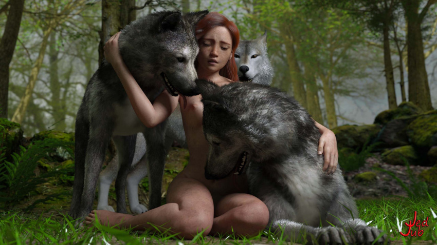 1girls 3animals 3d canine closed_eyes forest grass implied_bestiality jedojubs licking long_hair nude on_ground outdoors red_hair small_breasts tongue_out wolf zoophilia