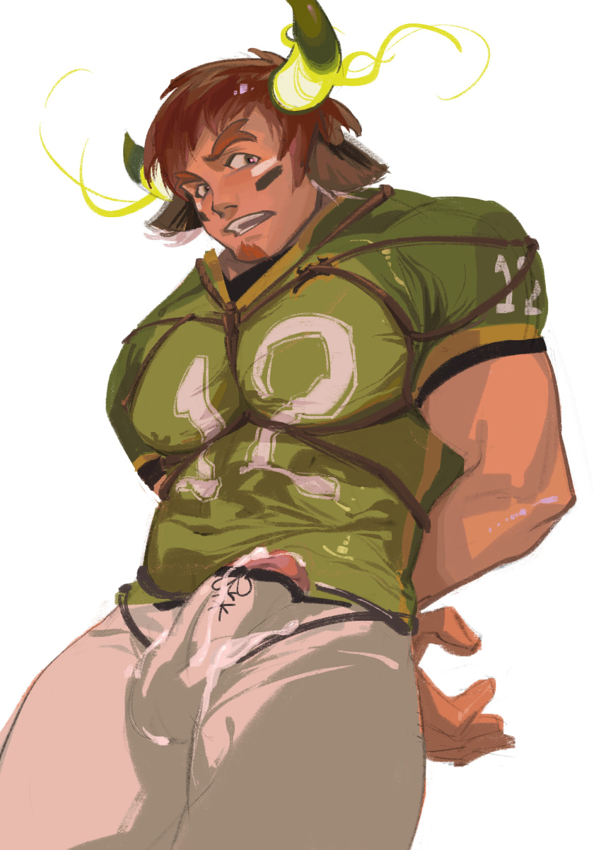 1boy absurdres american_football_uniform animal_ears arms_behind_back bara between_pectorals blush bondage bound brown_eyes brown_hair bulge cow_boy cow_ears cow_horns cowboy_shot cum cum_on_clothes dichuan_(arriverw) erection erection_under_clothes facial_hair fiery_horns forked_eyebrows glowing_horns goatee green_shirt highres horns large_pectorals looking_at_viewer male male_focus male_only muscular muscular_male pectorals penis penis_peek restrained shirt short_hair short_sleeves solo sportswear thick_eyebrows thick_thighs thighs tight tight_shirt tokyo_afterschool_summoners wakan_tanka