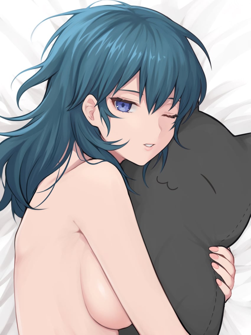 1girls blue_eyes byleth_(fire_emblem) byleth_(fire_emblem)_(female) completely_nude female fire_emblem fire_emblem:_three_houses nintendo nude nude_female one_eye_closed plushie shimizu_akina sideboob sleeping solo teal_hair