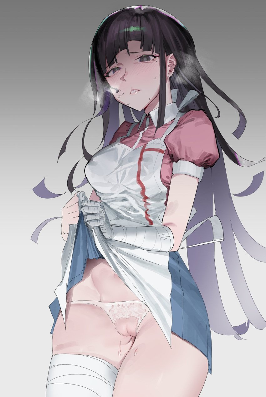 1girls apron bandaged_arm bandaged_hand bandaged_leg bandages black_eyes black_hair crotchless_panties danganronpa danganronpa_2:_goodbye_despair dress female godekasu gradient_background lifting_skirt lingerie long_hair open_mouth panties pink_shirt presenting_pussy pussy shirt simple_background skirt_lift solo straight_hair super_danganronpa_2 sweat sweaty_thighs tsumiki_mikan uncensored upskirt visible_breath white_panties