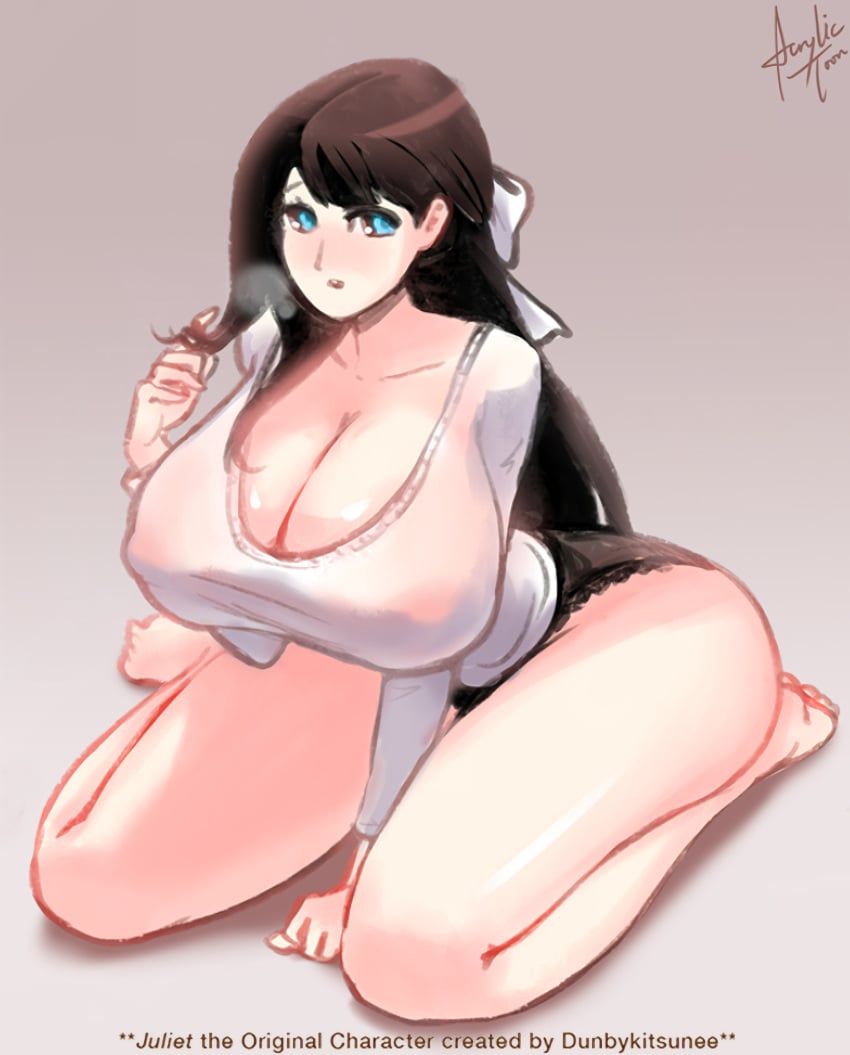 1girls acrylictoon big_breasts black_hair cleavage huge_breasts large_breasts original_character tagme third-party_edit upscaled white_shirt