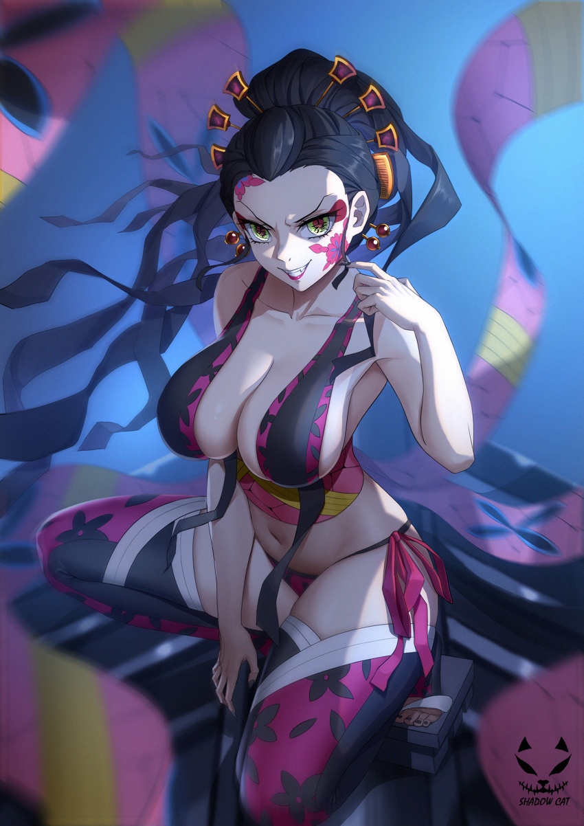 1girls alternate_version_available big_breasts black_hair cleavage crouching daki_(kimetsu_no_yaiba) demon_girl demon_slayer eyeshadow facial_markings fangs female female_only geta hair_ornament huge_breasts kimetsu_no_yaiba lingerie long_hair looking_at_viewer makeup multicolored_eyes navel obi pale-skinned_female pale_skin platform_footwear red_lipstick revealing_clothes shadow_cat side-tie_panties sideboob smile solo thighhighs tied_hair toeless_legwear