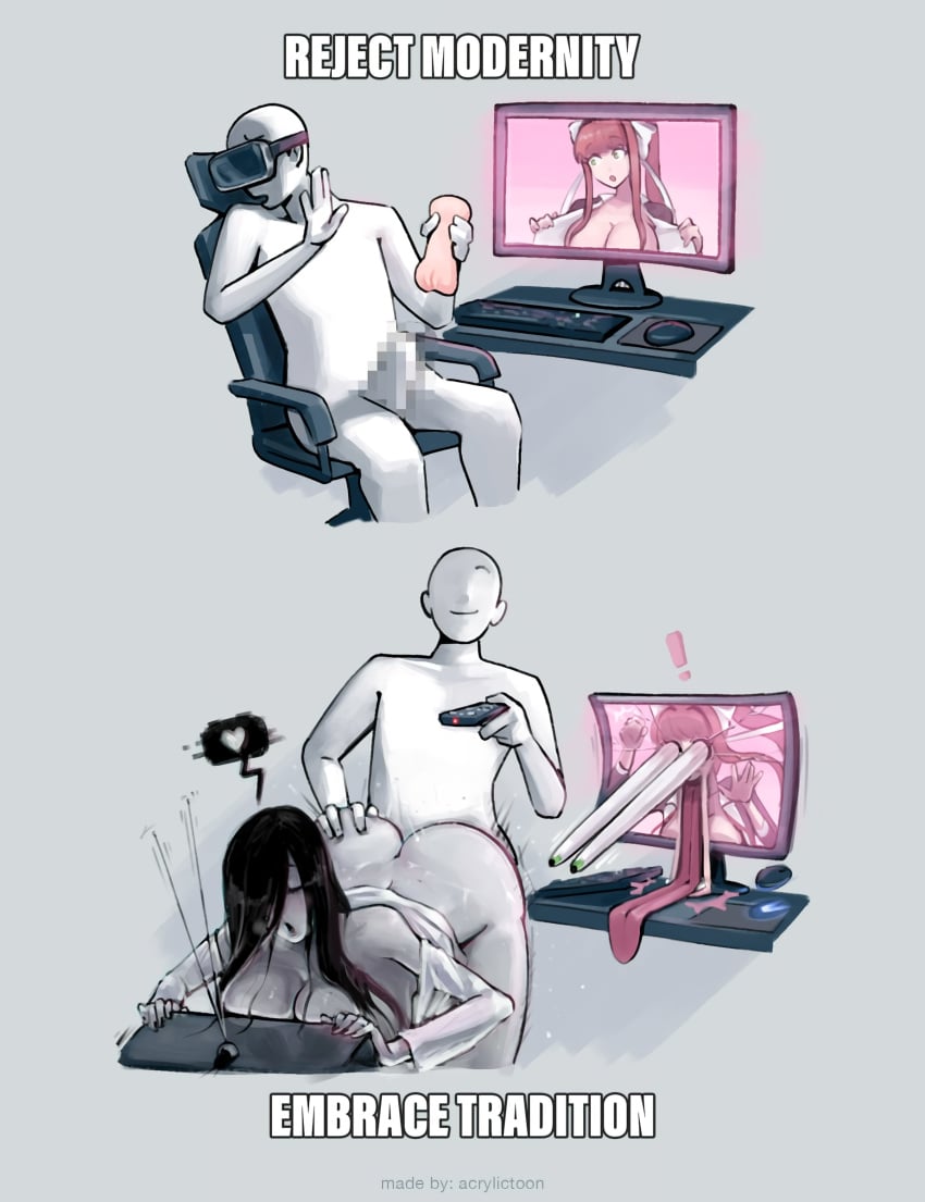 ! 1boy 2girls acrylictoon anon awooga bent_over big_ass big_breasts black_hair broken broken_glass censored censored_penis chair computer computer_monitor computer_mouse computer_screen crossover cuckquean desktop doki_doki_literature_club electronics english_text faceless_male female from_behind funny funny_face ghost ghost_girl hairbow heart human humanoid humor jaw_drop jealous keyboard lmao long_eyes male male_human/female_ghost male_human/female_humanoid monika_(doki_doki_literature_club) monitor mouse_(computer) pixelated_penis remote remote_control schoolgirl screen television text the_ring toon_force tv tv_remote visual_novel vr_headset white_bow wild_take yamamura_sadako