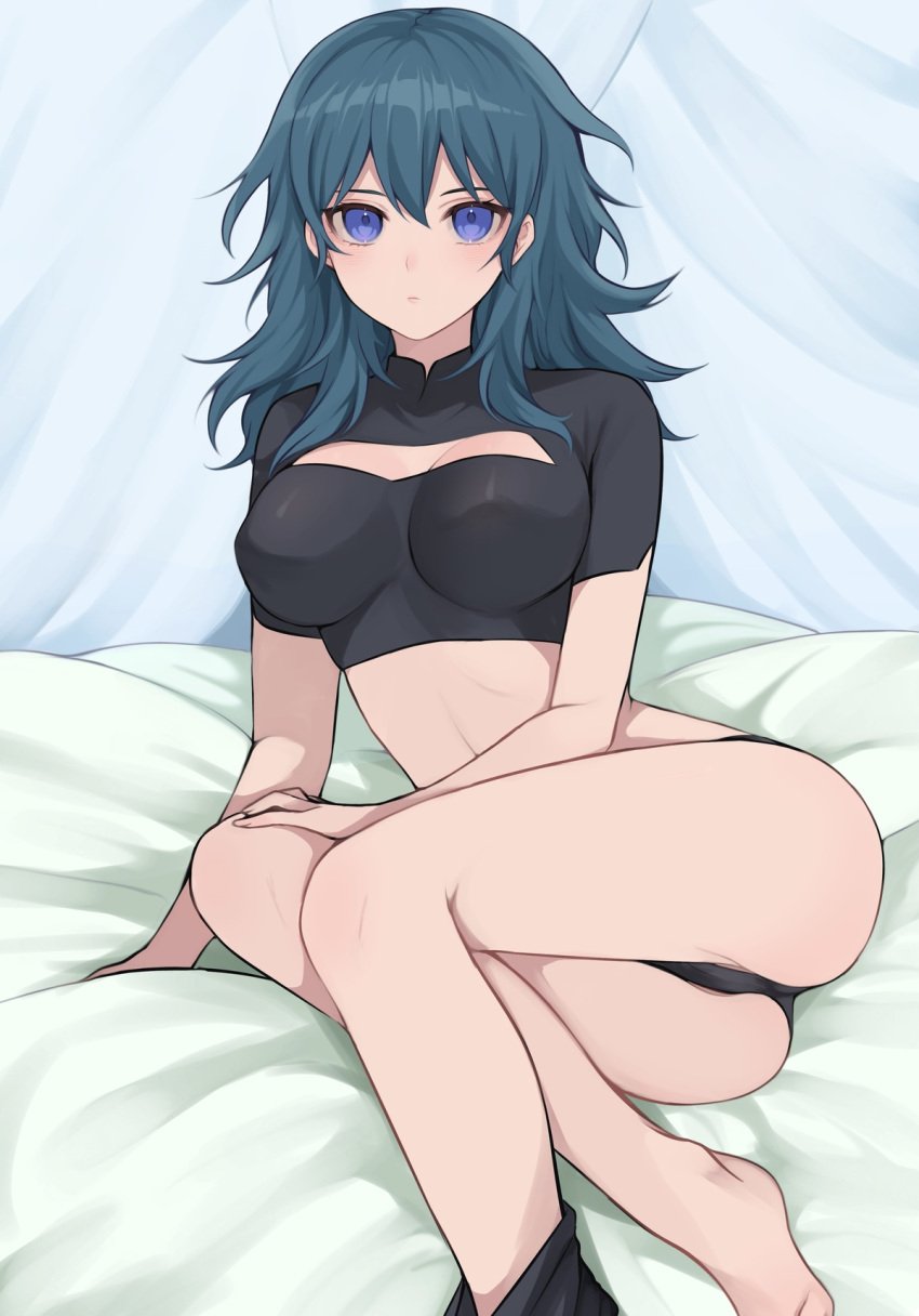 ass bare_legs black_panties blue_eyes blue_hair breasts byleth_(fire_emblem) byleth_(fire_emblem)_(female) cleavage cleavage_cutout clothed clothing female fire_emblem fire_emblem:_three_houses large_breasts looking_at_viewer nintendo panties shimizu_akina solo source_request teal_hair