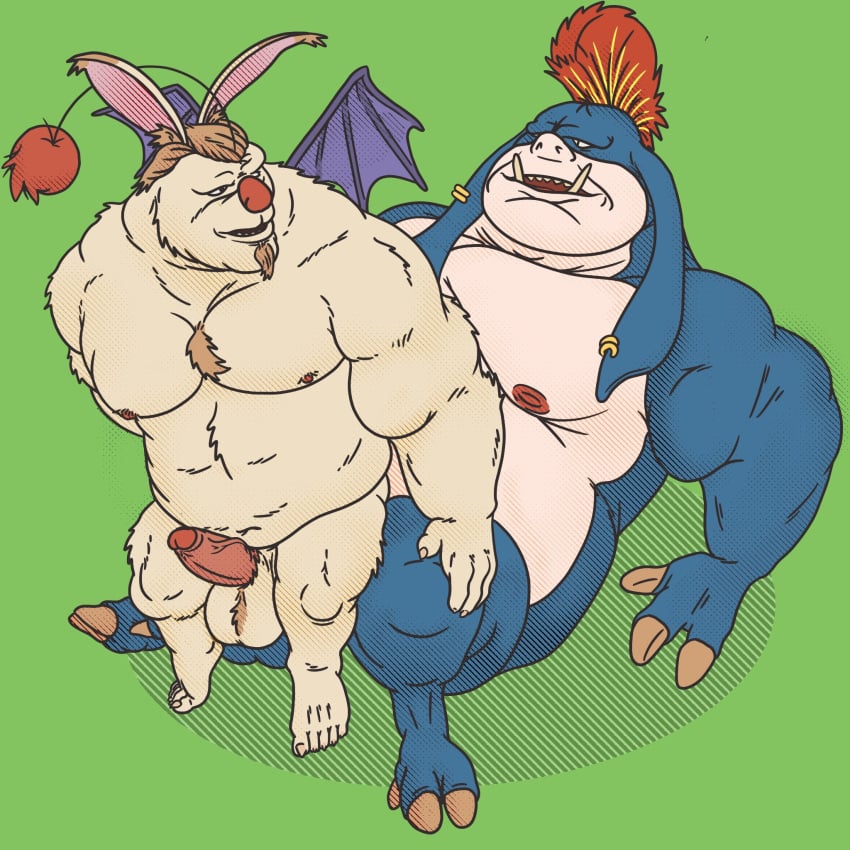 2022 anthro balls blue_body chrm duo erection final_fantasy final_fantasy_tactics genitals green_background hi_res humanoid_genitalia humanoid_hands humanoid_penis male male/male mammal moogle overweight overweight_male penis seeq sex simple_background square_enix video_games wings