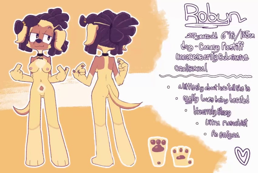 2022 animated anthro braided_hair canaryprimary canid canine canis choker collar domestic_dog english_text female furry gesture hair jewelry mammal model_sheet necklace nude pawpads pinkanimations pointing pointing_at_self pubes robyn_(canaryprimary) solo tail_motion tailwag text