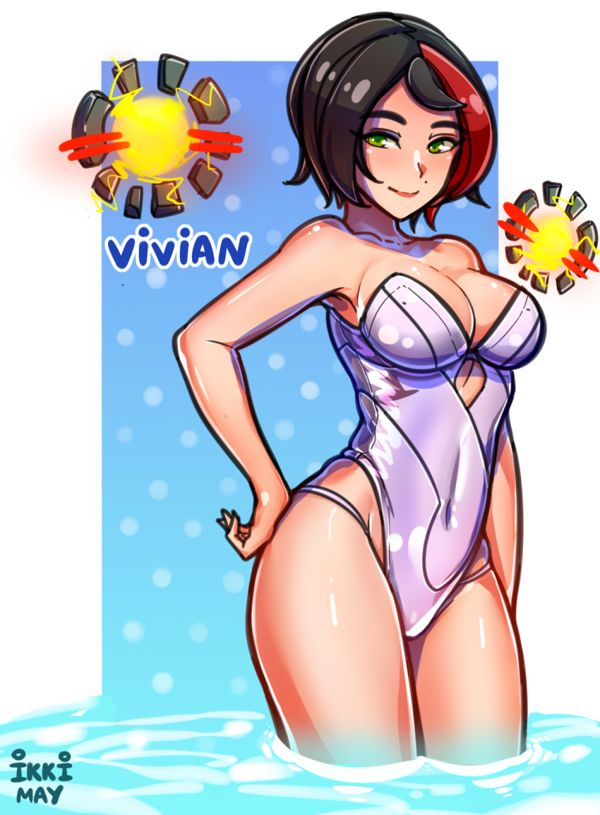 1girls big_breasts blush blushing_at_viewer breasts eye_contact female female_only green_eyes hi-rez_studios ikkimay large_breasts light-skinned_female light_skin looking_at_viewer milf mole mole_above_mouth multicolored_hair navel one-piece_swimsuit paladins short_hair smile smiling smiling_at_viewer solo solo_female swimsuit tagme thighs two_tone_hair vivian_(paladins) voluptuous