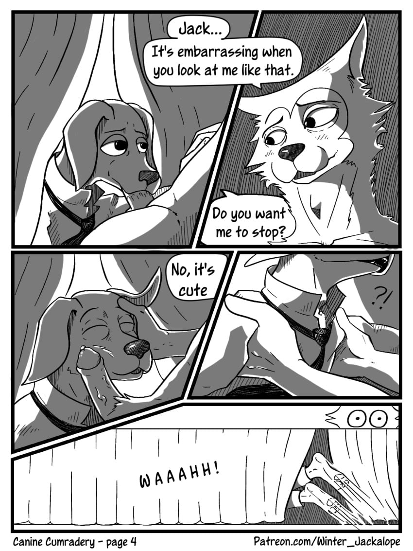 anthro beastars bird_dog bodily_fluids canid canine canis clothed clothing comic dialogue digital_media_(artwork) domestic_dog duo english_text erection fellatio foreskin fur genital_fluids genitals hair hi_res hunting_dog jack_(beastars) labrador legoshi_(beastars) male male/male mammal monochrome nude oral penile penis precum retriever sex simple_background smile text wintersink wolf