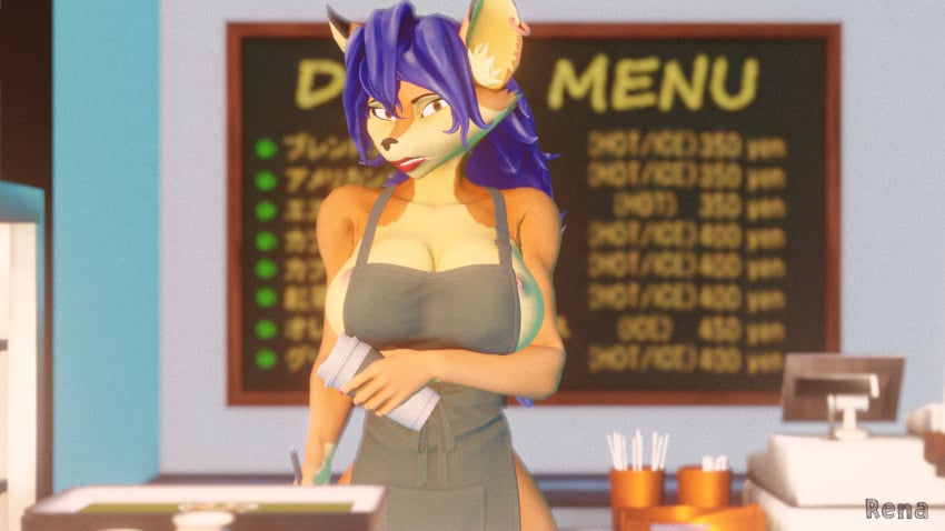 1girls 3d 3d_(artwork) carmelita_fox fox foxyrenart furry huge_breasts naked_apron orange_fur sly_cooper_(series) smooth_fur starbucks_meme tagme