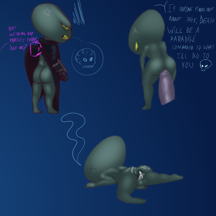 absurd_res alien anal angry ass assisted_exposure balls bodily_fluids bone clothed clothing cum cum_in_ass cum_inside damian5320 english_text faceless_character faceless_male foreskin genital_fluids genitals hi_res lord_commander_(final_space) male nude penis skull solo text x_eyes