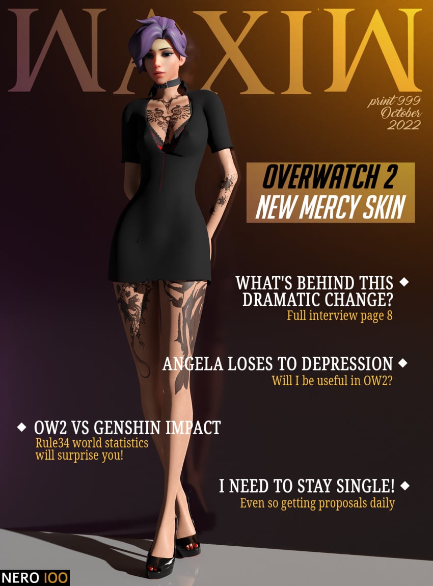 1girls 3d angela_ziegler ass big_breasts blender blizzard_entertainment bra breasts collar dark_hair female female_only front_page heels hi_res kneel lean legs light_skin lipstick magazine magazine_front_page makeup mercy nails nero100 nipples nude nudity open_toe_shoes overwatch overwatch_2 pose purple purple_hair solo solo_female suntan tattoo tattoos thighs underwear waxiw