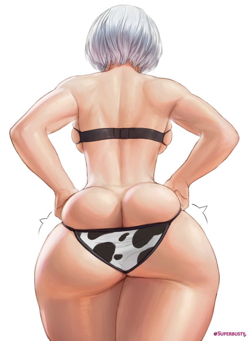 animal_print artist_name ass ass_cleavage back backboob bikini breasts bursting_ass butt_crack cow_print cowboy_shot facing_away female from_behind highres huge_ass huge_butt legs_together nier:_automata nier_(series) print_bikini short_hair silver_hair simple_background skindentation solo standing superbusty swimsuit thighs undersized_clothes white_background yorha_2b