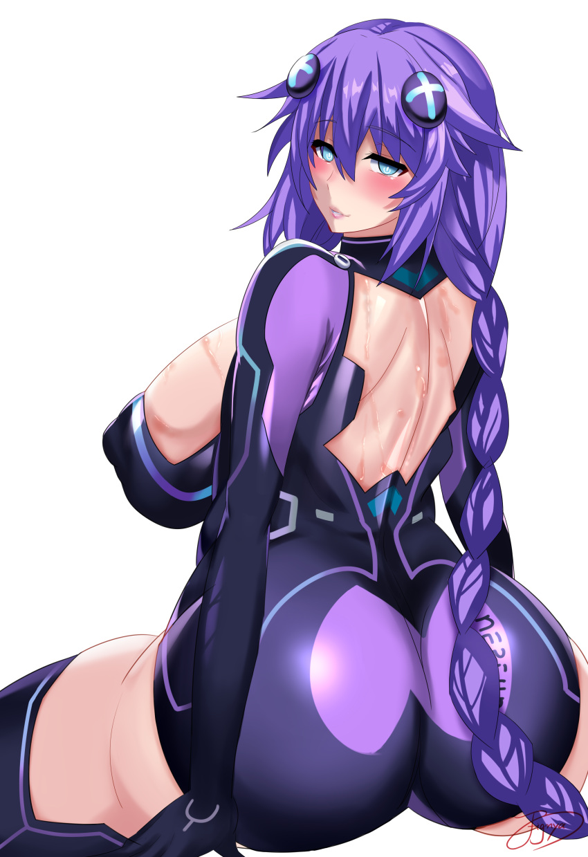 arched_back ass big_ass big_breasts blue_eyes blush braided_hair exposed_back fignya hair_clips hair_ornament latex long_hair looking_back neptune_(neptunia) neptunia_(series) purple_hair purple_heart_(neptunia) skin_tight smile solo_female sweat sweatdrop sweaty_back tied_hair twin_braids twintails