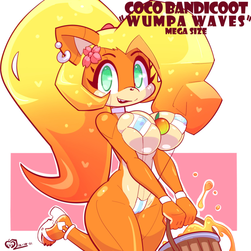 big_breasts blonde_hair bubble_butt coco_bandicoot crash_(series) cute dialogue feet fizzlekin green_eyes orange_skin robot robot_girl sandals smile thick_thighs vixycore