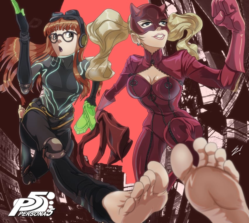 ann_takamaki barefoot blonde_hair boots boots_removed breasts cleavage duo feet female female_only orange_hair persona persona_5 sakura_futaba scamwich soles toes video_games