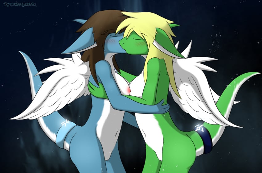 accessory anthro blonde_hair blue_body blue_fur blush breasts brown_hair closed_eyes dragon duo feathered_wings feathers female female/female fur fur_markings furgonomics furred_dragon giru_(artist) glowing_bracelet green_body green_fur hair jewelry kissing markings myriam_(giru) nipples tail_accessory tail_bracelet tail_jewelry touching_breast white_body white_fur wings yuri_(giru)