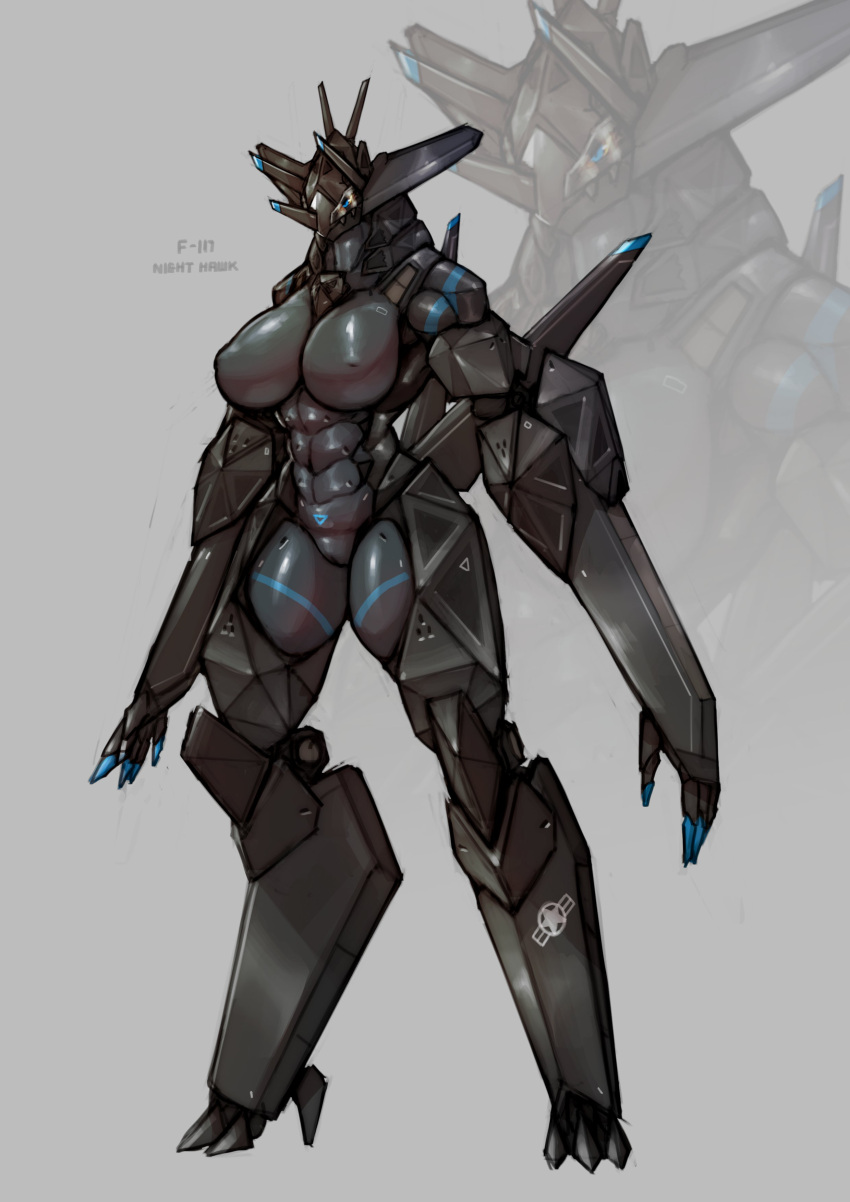 2022 abs absurd_res agitype01 aircraft anthro athletic_female biped black_body blue_body blue_eyes blue_markings breasts digital_media_(artwork) digitigrade f-117 female genitals grey_background hi_res living_aircraft living_machine living_vehicle machine markings pussy robot_girl simple_background solo standing vehicle