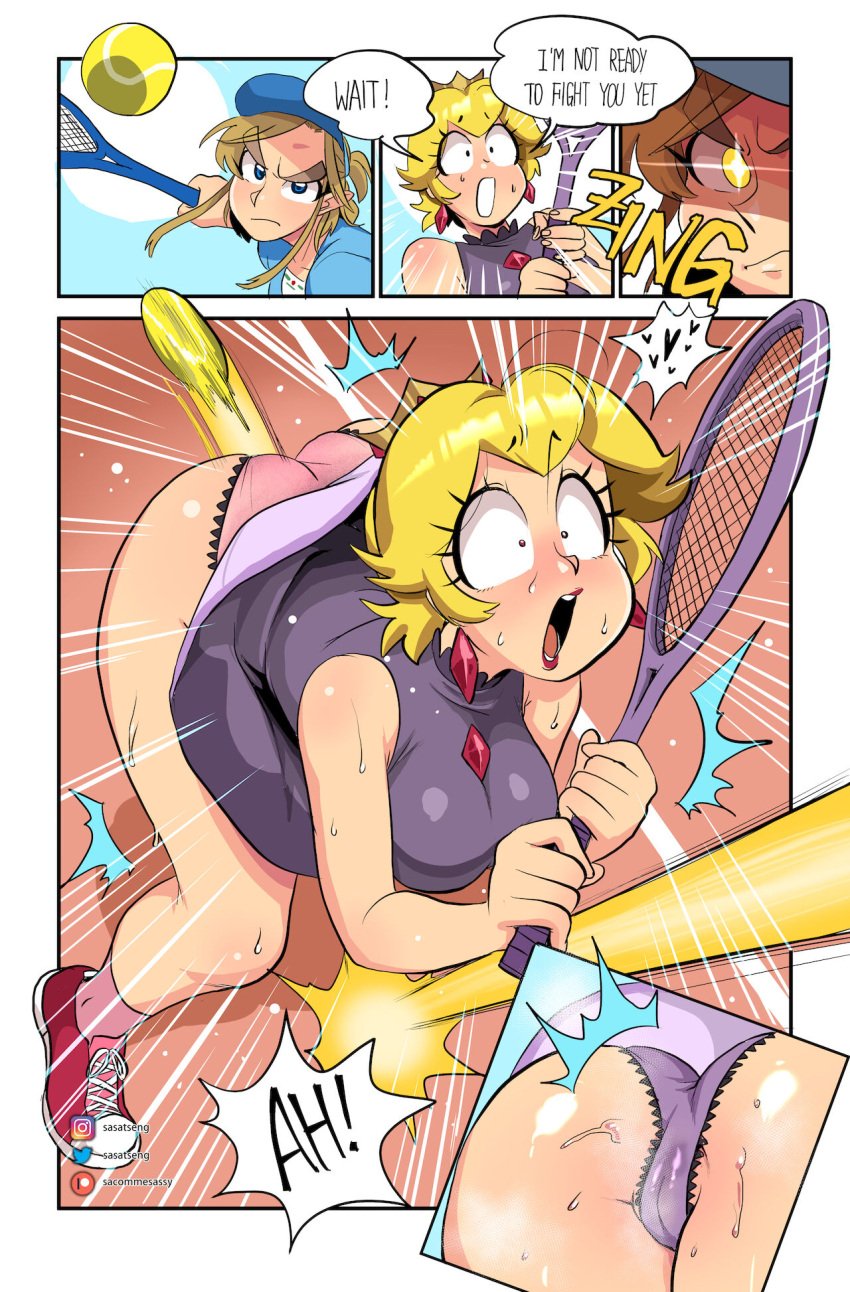 1boy 1girls ass assisted_exposure breasts cameltoe cleavage comic crossover dress_lift exposed_panties female huge_ass huge_breasts link link_(breath_of_the_wild) mario_(series) mario_tennis narrow_shoulders nintendo panties paper_mario picot_trim picot_trim_panties princess_peach sasatseng shadow_queen the_legend_of_zelda upskirt wide_hips