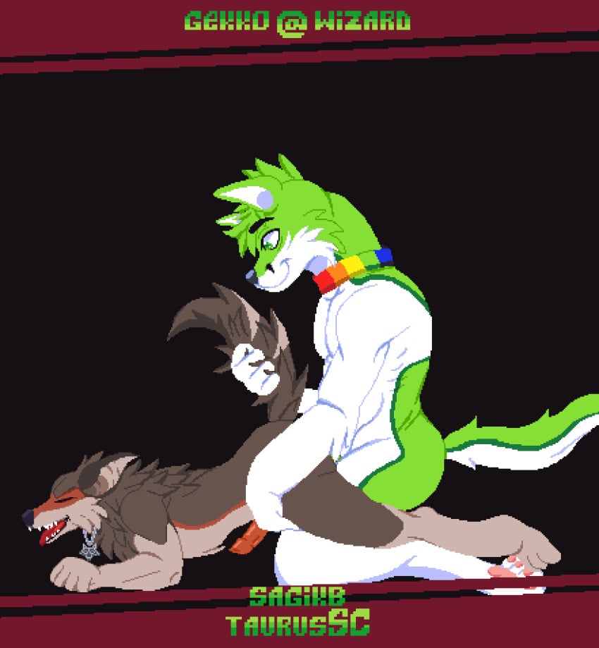 alex_the_werewolf anal anal_sex animated anthro balls black_nose canid canine canis collar digital_media_(artwork) duo erection fidget_the_fox fox fur gekkowizard genitals gif green_body green_eyes green_fur hair hand_on_hip hand_on_tail hi_res jewelry male male/male male_penetrated male_penetrating male_penetrating_male mammal multicolored_penis muscular necklace nude pawpads paws penetration penis pixel_art rainbow rainbow_collar rainbow_penis sex signature simple_background smile solo sprite sprite_art text tongue were werecanid werecanine werewolf white_body white_fur wolf