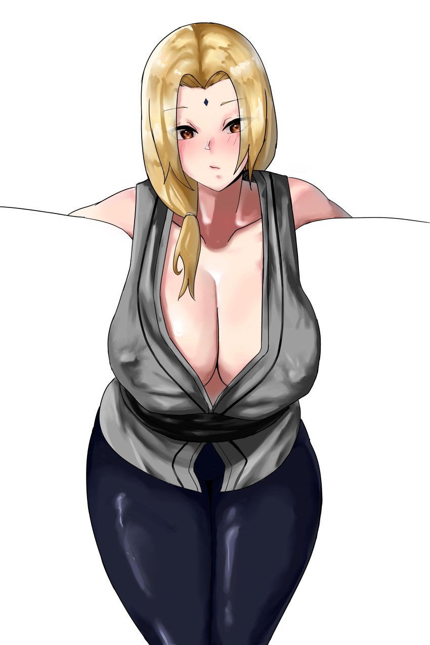 1girls bare_arms bare_shoulders big_breasts blonde_hair blush boruto:_naruto_next_generations brown_eyes busty cleavage clothed clothing curvaceous curvy curvy_figure erect_nipples erect_nipples_under_clothes female female_only forehead_jewel forehead_mark front_view fully_clothed human large_breasts legs_together light-skinned_female light_skin looking_at_viewer naruto naruto_(classic) naruto_(series) naruto_shippuden nipple_bulge nipples pale-skinned_female pale_skin pink_nipples pinup ponytail pose posing shounen_jump sleeveless sleeveless_shirt solo standing thick_thighs thighs tied_hair tight_clothing tight_pants tsunade uun_(uundayo_olo) voluptuous wide_hips yellow_hair