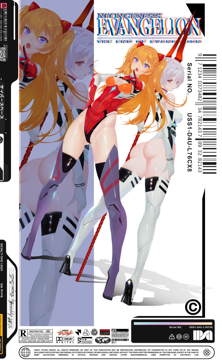 2girls absurd_res ass asuka_langley_sohryu blue_hair breasts clothing english_text female female_only highres human lance_of_longinus leotard light-skinned_female light_skin long_hair medium_breasts multiple_girls neon_genesis_evangelion nipples_visible_through_clothing orange_hair pale-skinned_female pale_skin pilot_suit plugsuit rebuild_of_evangelion rei_ayanami short_hair stockings thighhighs thighs thong thong_leotard