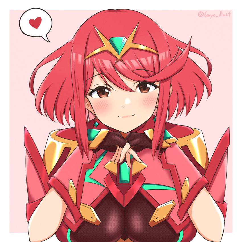 1girls 6oryo_illust alternate_version_available blush blushing_at_viewer breasts cute eye_contact female female_only fingerless_gloves gloves hair_ornament heart large_breasts light-skinned_female light_skin looking_at_viewer nintendo pyra red_hair short_hair simple_background solo solo_female tagme xenoblade_(series) xenoblade_chronicles_2