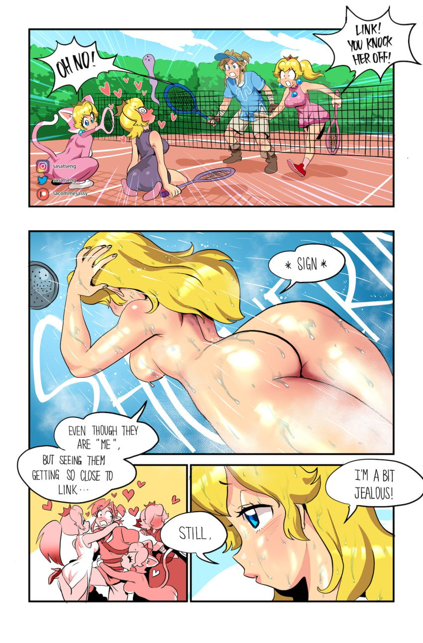 1boy 4girls breasts cat_peach cleavage comic crossover female huge_breasts jealous link link_(breath_of_the_wild) mario_(series) mario_tennis nintendo nude nude_female paper_mario princess_peach sasatseng shadow_queen shower showering super_mario_3d_world the_legend_of_zelda