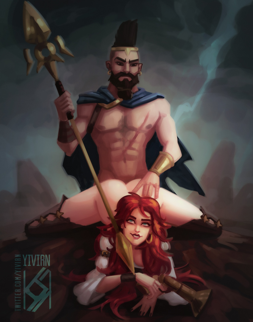 1girls abs ambiguous_penetration ass ass_grab ass_up beard blue_eyes bottomless earrings female implied_sex league_of_legends lipstick male/female miss_fortune mohawk muscular_male pantheon red_hair riot_games sex tagme thighhighs top-down_bottom-up yivirn