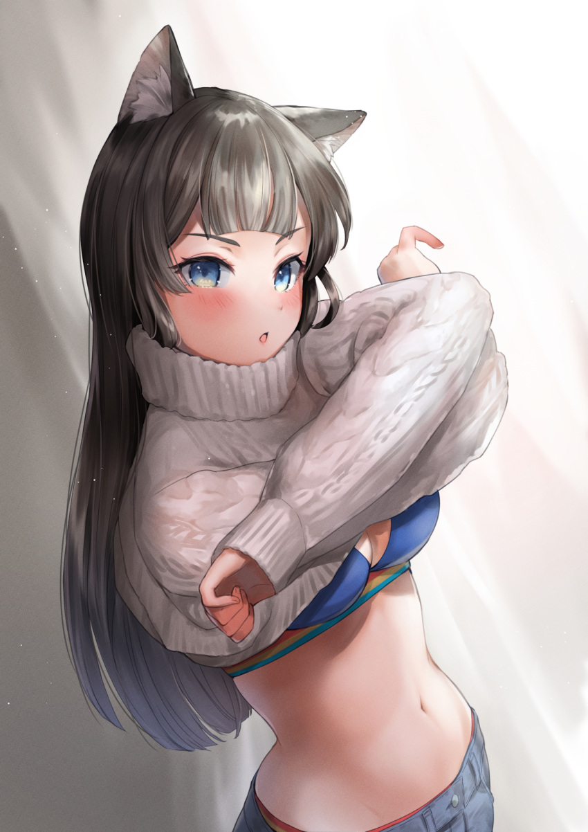 animal_ear_fluff animal_ears bangs bikini black_hair blue_bikini blue_eyes blunt_bangs blush breasts cat_ears cat_girl clothes_lift denim female highres long_hair long_sleeves looking_at_viewer navel original parted_lips sahara1127 solo sweater sweater_lift swimsuit turtleneck turtleneck_sweater upper_body white_sweater