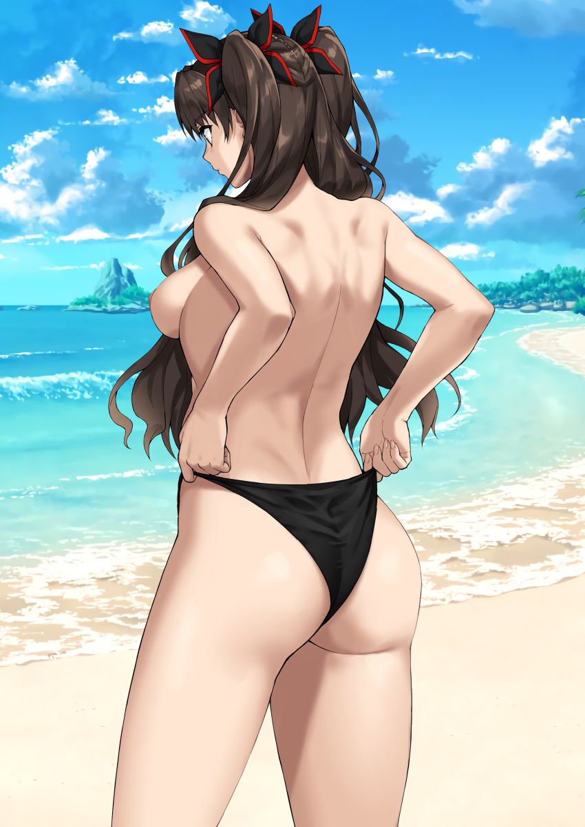 1girls 2022 2d 2d_(artwork) ass back back_view beach bikini bikini_bottom black_bikini black_bikini_bottom black_hair black_panties bnc_(bunshi) brown_hair dark_nipples day daytime fate/stay_night fate_(series) female female_ass female_only female_protagonist hair_ribbon hi_res human human_female human_only light-skinned_female light_skin long_hair medium_breasts nipples no_sex outdoors outside panties panty_pull realistic_proportions sideboob solo solo_female standing straight_hair teenage_girl teenager thighs third-party_edit tohsaka_rin topless topless_female twintails