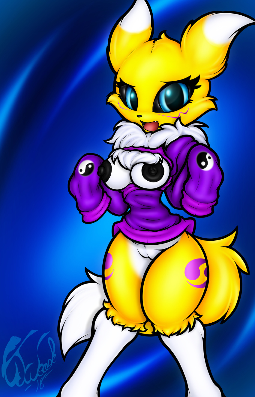 anthro black_nipples black_sclera blue_eyes bottomless breasts breasts_out breasts_out_of_clothes cjweasle cute_fang digimon eyelashes female furry open_mouth purple_sweater pussy renamon solo sweater wide_hips