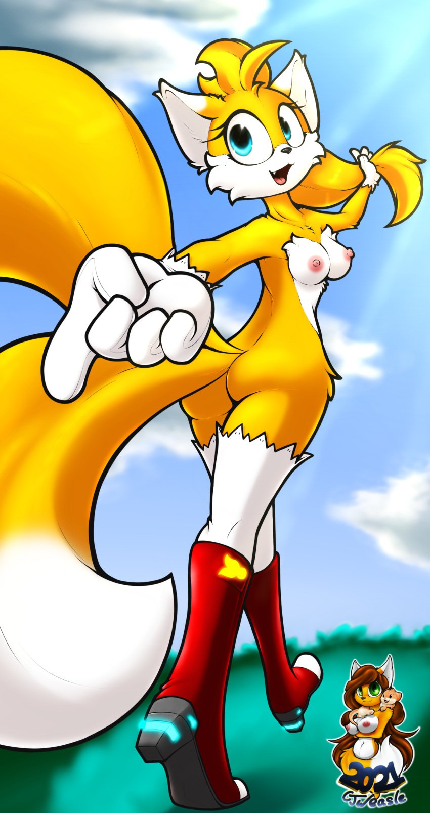 2021 2_tails anthro blue_eyes boots cjweasle exposed_torso eyelashes female female_only footwear furry genderswap_(mtf) gloves handwear humanoid looking_back medium_breasts multiple_tails rule_63 solo solo_female sonic_(series) tail tails tailsko white_gloves yellow_fur