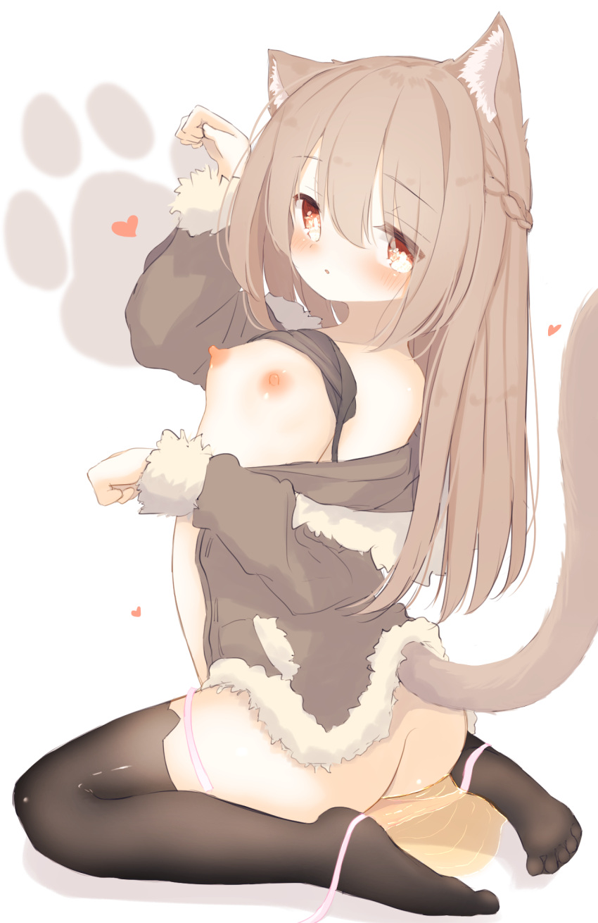 :o animal_ear_fluff animal_ears ass bangs black_legwear blush braid breasts breasts_out brown_hair cat_ears cat_girl cat_tail clothes_lift commentary_request eyebrows_visible_through_hair female hair_between_eyes heart highres long_hair looking_at_viewer nemonerin nipples no_shoes open_clothes original panties panty_pull paw_pose paw_print paw_print_background peeing peeing_on_floor peeing_self pink_panties puddle red_eyes shirt_lift side-tie_panties simple_background sitting small_breasts soles solo tail tail_raised thighhighs underwear untied untied_panties urinating urinating_female urination urine urine_on_floor urine_pool wariza